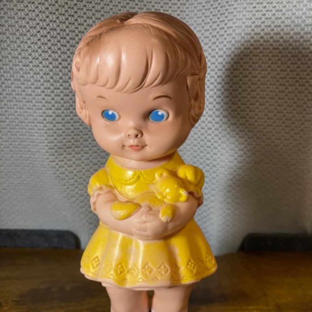 Vintage 1962 Rubber Doll Holding a Teddy Bear by Edward Mobley Co